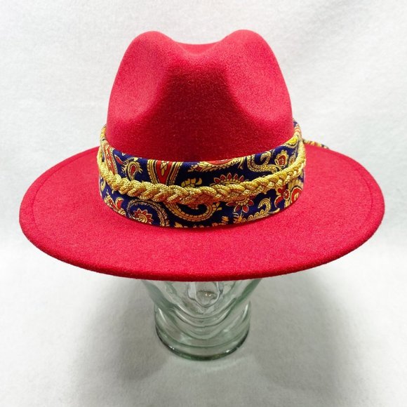 Custom Red Fedora with Gold Braid & Paisley Scarf Detail NWT